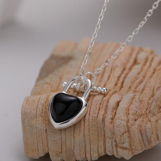 925 Silver Love T-lock Necklace & Earrings - Black Agate