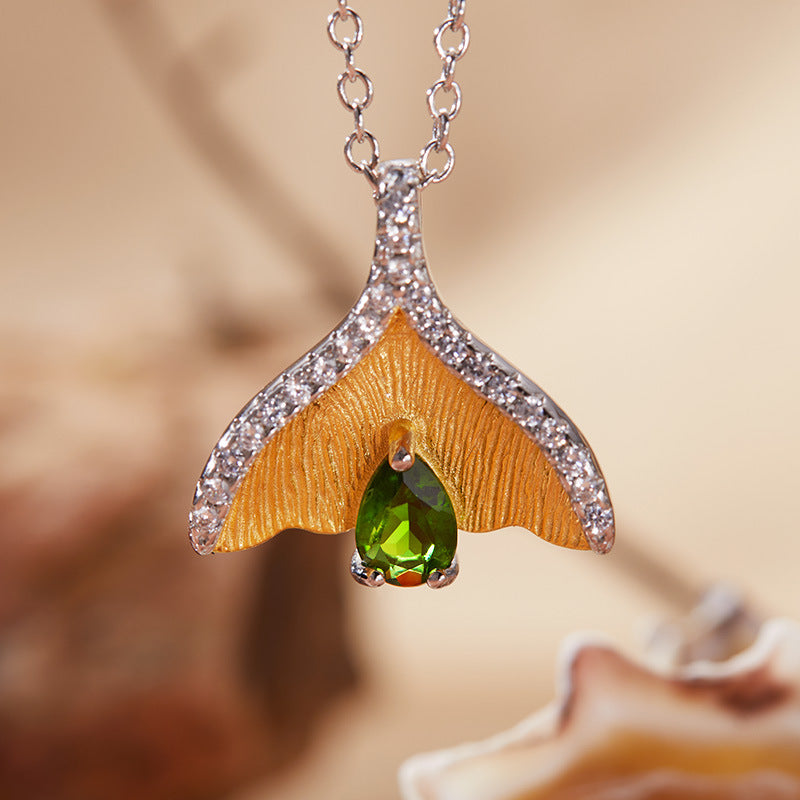 925 Silver Fish Tail Necklace - Citrine/Garnet/Blue Topaz/Tanzania/Diopside