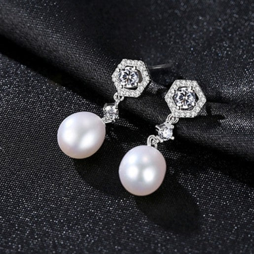 925 Silver Hexagon Freshwater Pearls Earrings