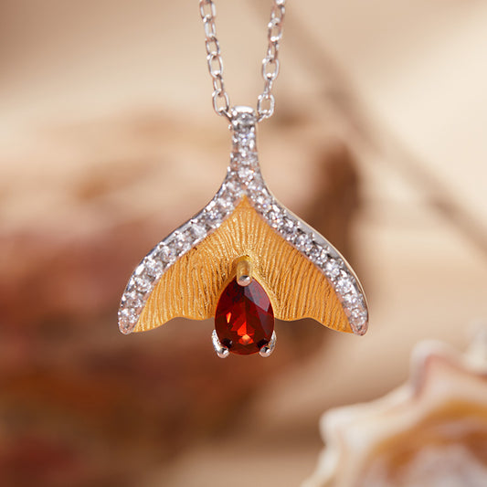 925 Silver Fish Tail Necklace - Citrine/Garnet/Blue Topaz/Tanzania/Diopside