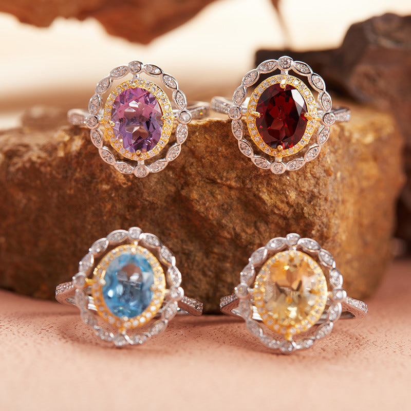 925 Silver Hollow Oval Ring - Amethyst/Citrine/Garnet/Blue Topaz