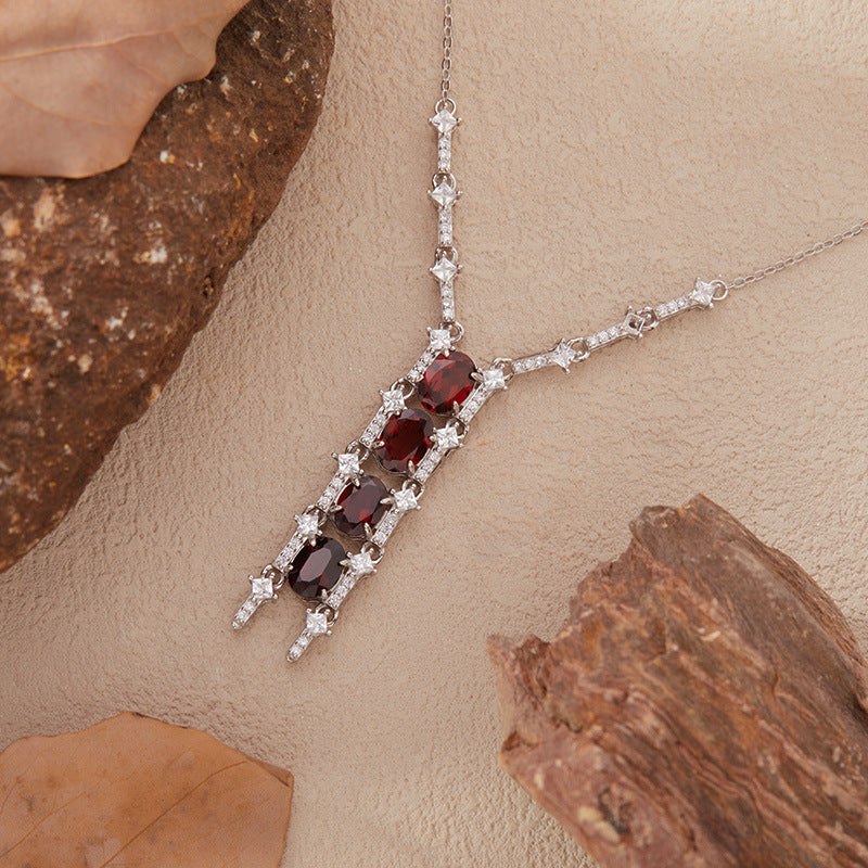 925 Silver Vertical Glow Quartet Pendant Necklace - Citrine/Garnet/Topaz/Diopside