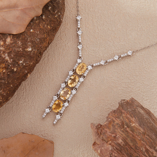 925 Silver Vertical Glow Quartet Pendant Necklace - Citrine/Garnet/Topaz/Diopside