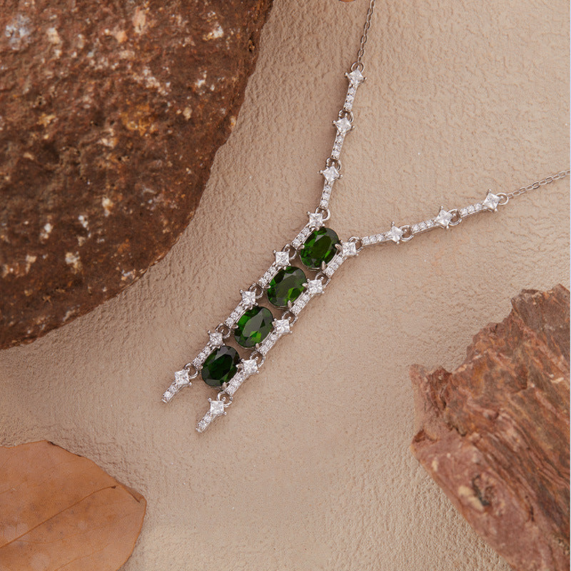 925 Silver Vertical Glow Quartet Pendant Necklace - Citrine/Garnet/Topaz/Diopside