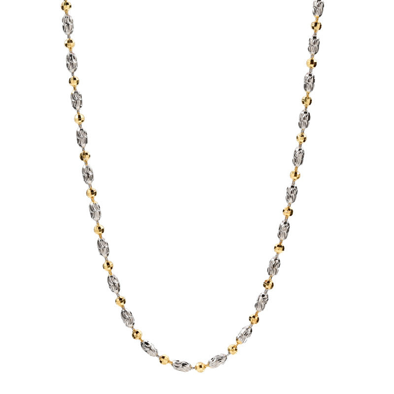 925 Silver Two-Tone Diamond-cut Beads and Beans Chains Necklace, 2mm Width 40-60cm length