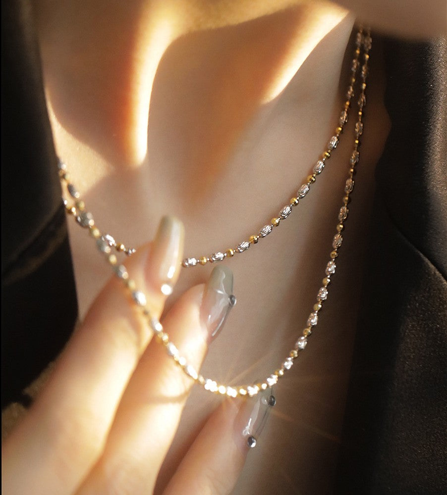 925 Silver Two-Tone Diamond-cut Beads and Beans Chains Necklace, 2mm Width 40-60cm length