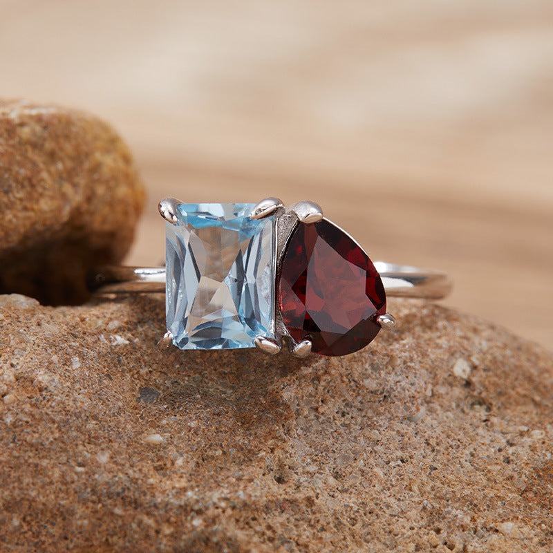 925 Silver The Two Gemstones Ring - Amethyst/Citrine/Garnet/Blue Topaz