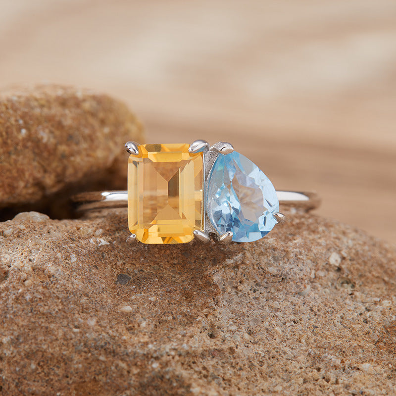 925 Silver The Two Gemstones Ring - Amethyst/Citrine/Garnet/Blue Topaz