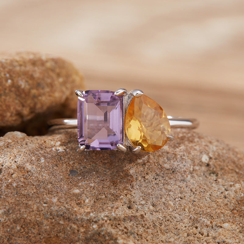 925 Silver The Two Gemstones Ring - Amethyst/Citrine/Garnet/Blue Topaz