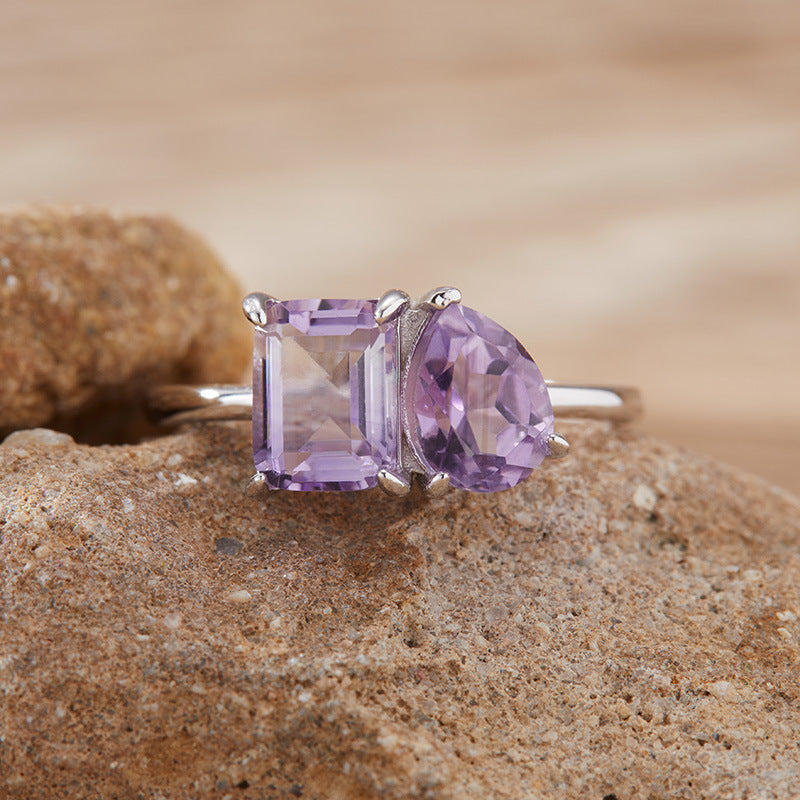 925 Silver The Two Gemstones Ring - Amethyst/Citrine/Garnet/Blue Topaz