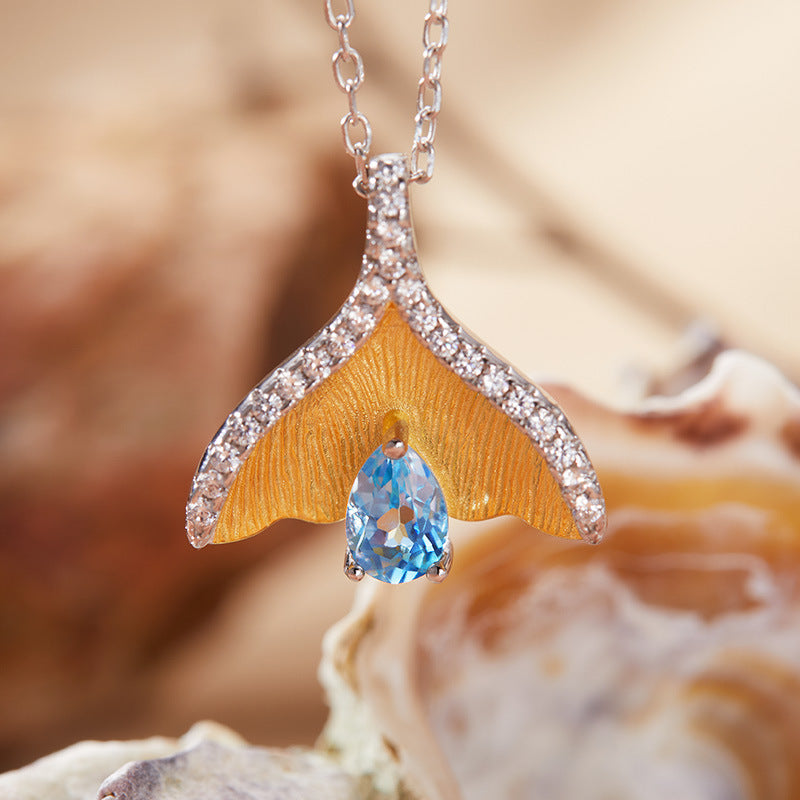 925 Silver Fish Tail Necklace - Citrine/Garnet/Blue Topaz/Tanzania/Diopside