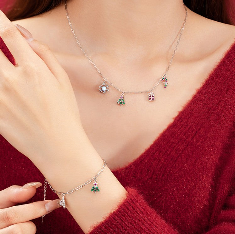 Christmas Jewelry Set Tree Gift Snow Candy Cane Pendant Necklace Bracelet
