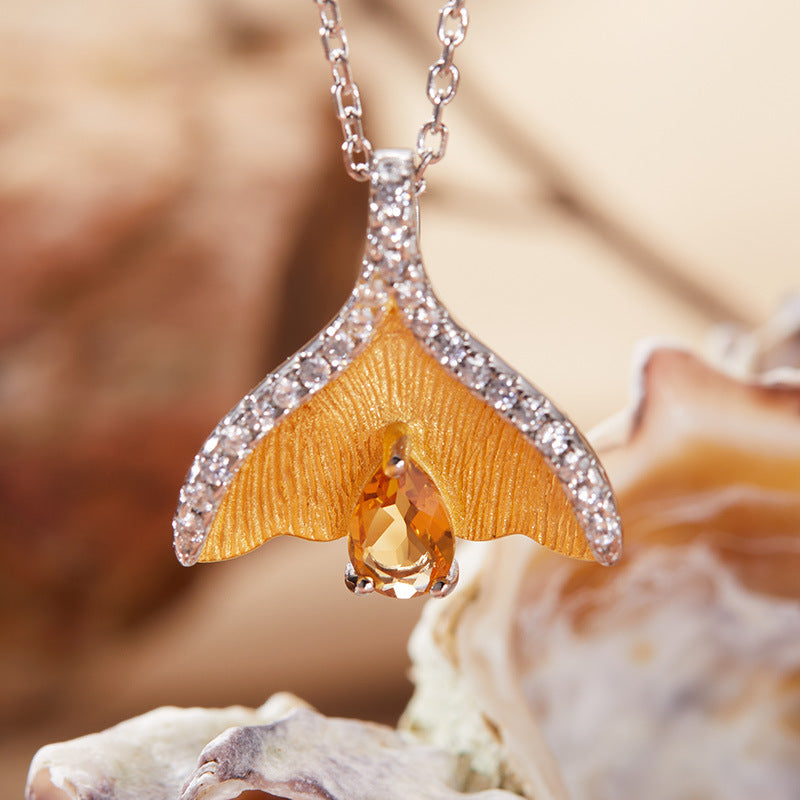 925 Silver Fish Tail Necklace - Citrine/Garnet/Blue Topaz/Tanzania/Diopside