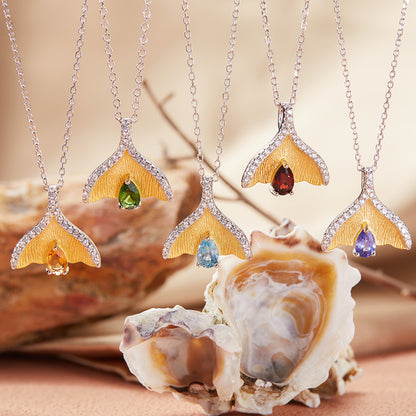 925 Silver Fish Tail Necklace - Citrine/Garnet/Blue Topaz/Tanzania/Diopside