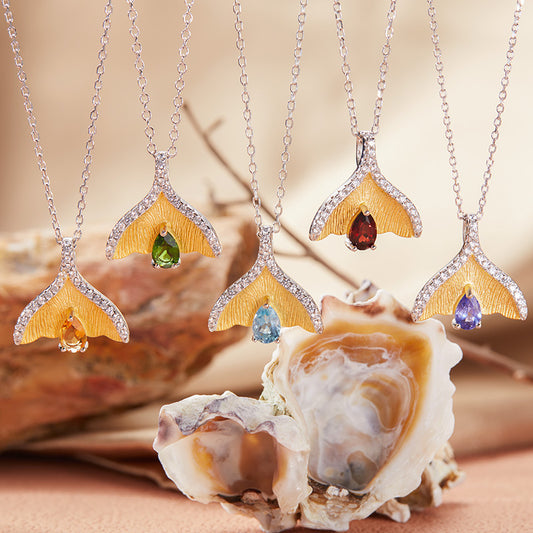 925 Silver Fish Tail Necklace - Citrine/Garnet/Blue Topaz/Tanzania/Diopside