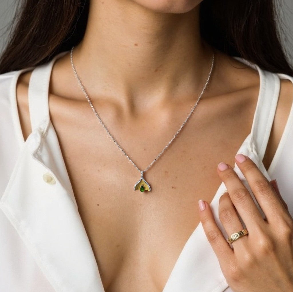 925 Silver Fish Tail Necklace - Citrine/Garnet/Blue Topaz/Tanzania/Diopside