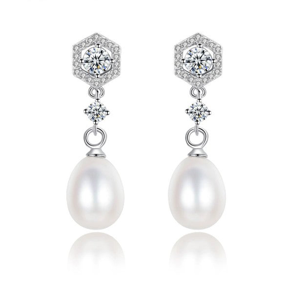 925 Silver Hexagon Freshwater Pearls Earrings