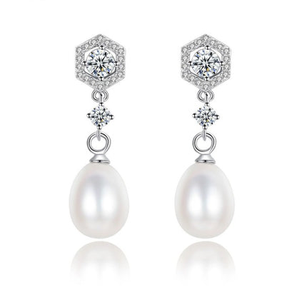 925 Silver Hexagon Freshwater Pearls Earrings