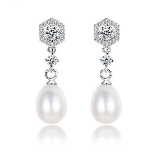 925 Silver Hexagon Freshwater Pearls Earrings