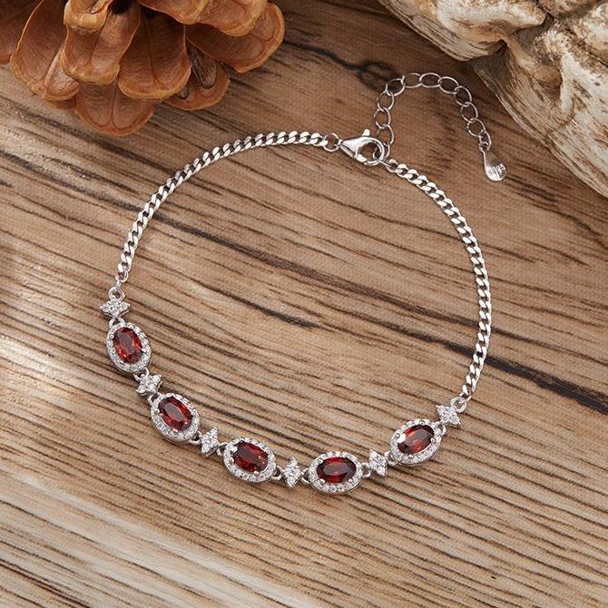 925 Silver Star Five Oval Stones Bracelet - Garnet/Citrine/Amethyst/Blue Topaz/Peridot