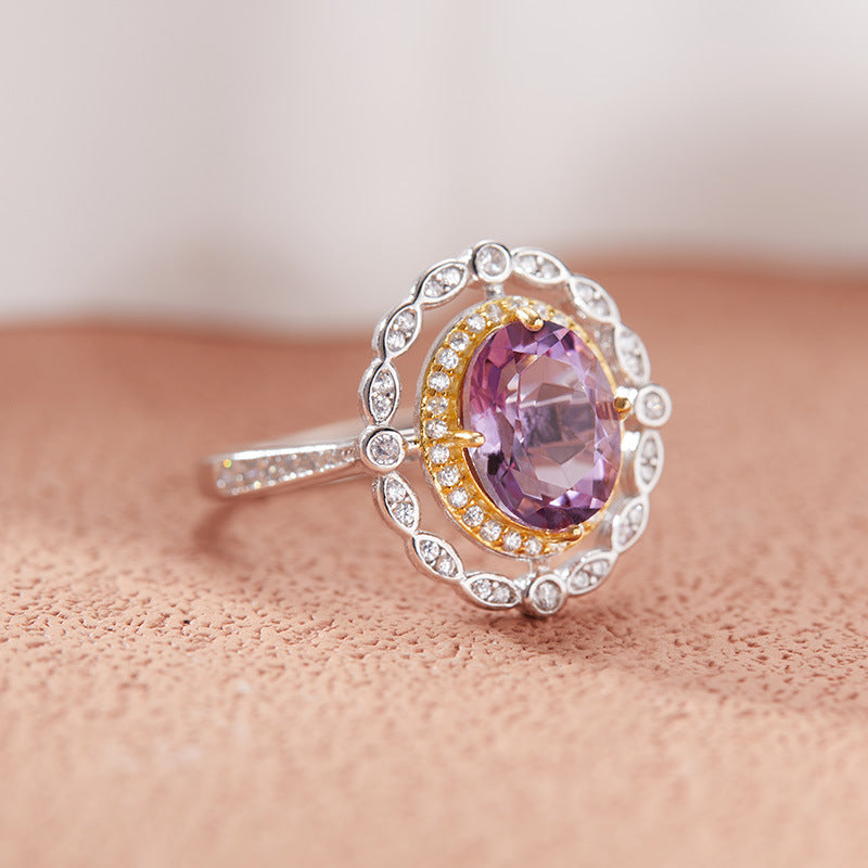 925 Silver Hollow Oval Ring - Amethyst/Citrine/Garnet/Blue Topaz