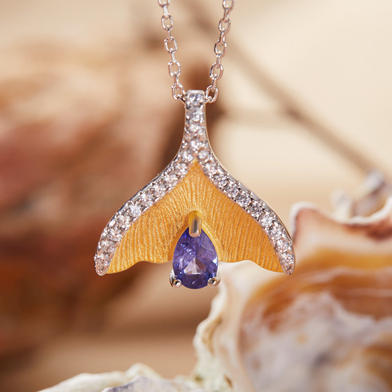925 Silver Fish Tail Necklace - Citrine/Garnet/Blue Topaz/Tanzania/Diopside