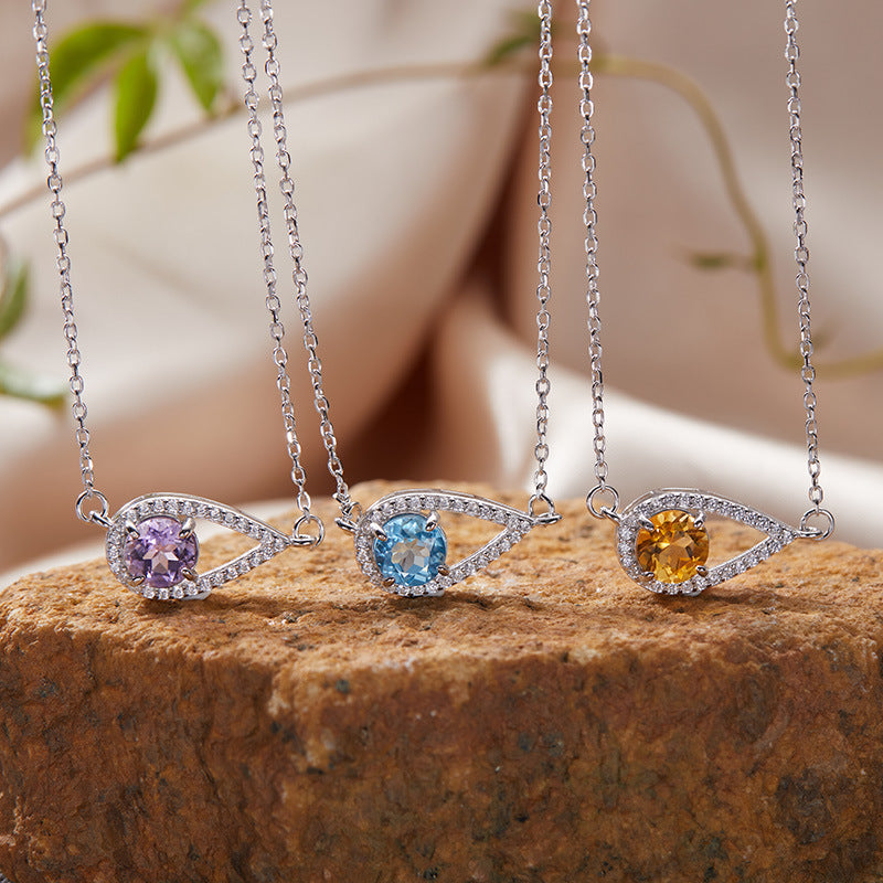 925 Silver Waterdrop Necklace - Citrine/Garnet/Amethyst/Blue Topaz