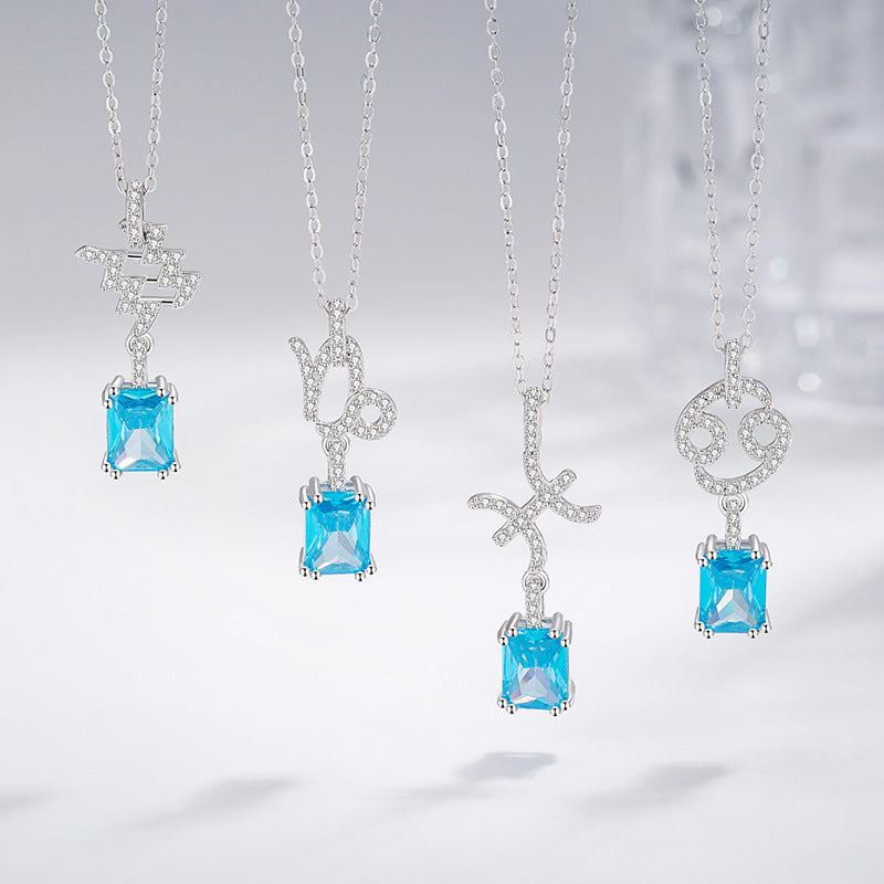 925 Silver Zodiac Necklace Blue Cubic Zirconia