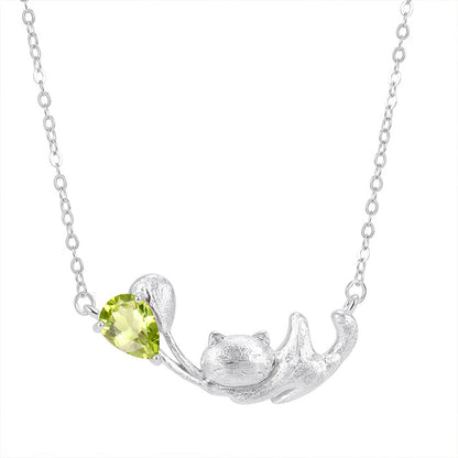 925 Sterling Silver Cat Necklace With Natural Crystal & Brushed Finish- Garnet/Citrine/Amethyst/Blue Topaz/Peridot