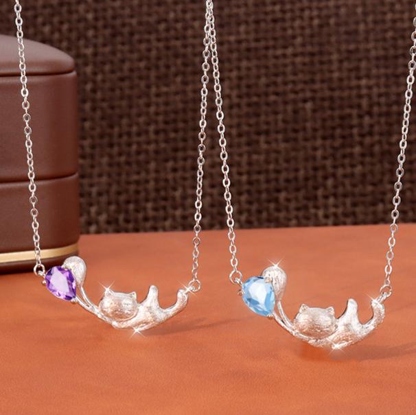 925 Sterling Silver Cat Necklace With Natural Crystal & Brushed Finish- Garnet/Citrine/Amethyst/Blue Topaz/Peridot