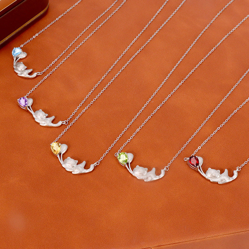 925 Sterling Silver Cat Necklace With Natural Crystal & Brushed Finish- Garnet/Citrine/Amethyst/Blue Topaz/Peridot