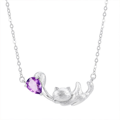 925 Sterling Silver Cat Necklace With Natural Crystal & Brushed Finish- Garnet/Citrine/Amethyst/Blue Topaz/Peridot