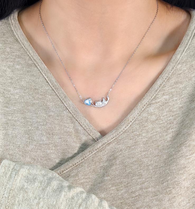 925 Sterling Silver Cat Necklace With Natural Crystal & Brushed Finish- Garnet/Citrine/Amethyst/Blue Topaz/Peridot