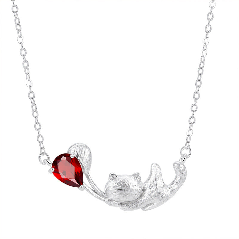 925 Sterling Silver Cat Necklace With Natural Crystal & Brushed Finish- Garnet/Citrine/Amethyst/Blue Topaz/Peridot