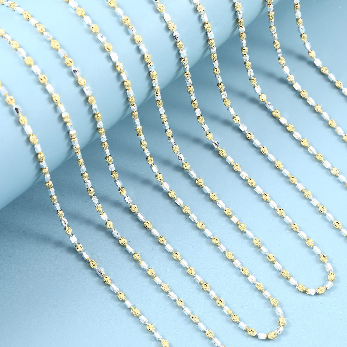 925 Silver Two-Tone Hexagonal Bead Diamond-Cut Chains Necklace, 1.8mm Width 40-60cm length