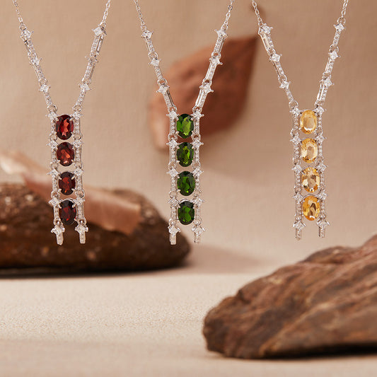925 Silver Vertical Glow Quartet Pendant Necklace - Citrine/Garnet/Topaz/Diopside