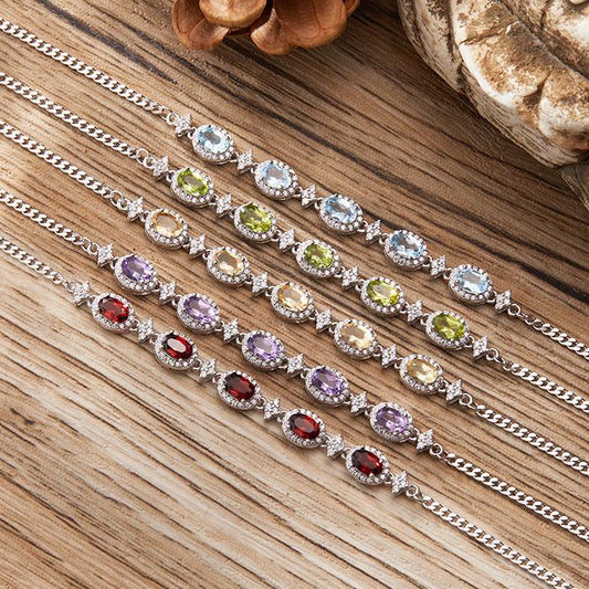 925 Silver Star Five Oval Stones Bracelet - Garnet/Citrine/Amethyst/Blue Topaz/Peridot