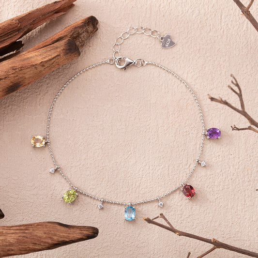 Colorful Starry Sky Bracelet 925 Sterling Silver Gemstone Amethyst+Citrine+Olivine+Garnet+Topaz