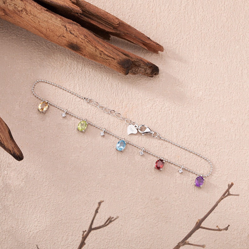 Colorful Starry Sky Bracelet 925 Sterling Silver Gemstone Amethyst+Citrine+Olivine+Garnet+Topaz