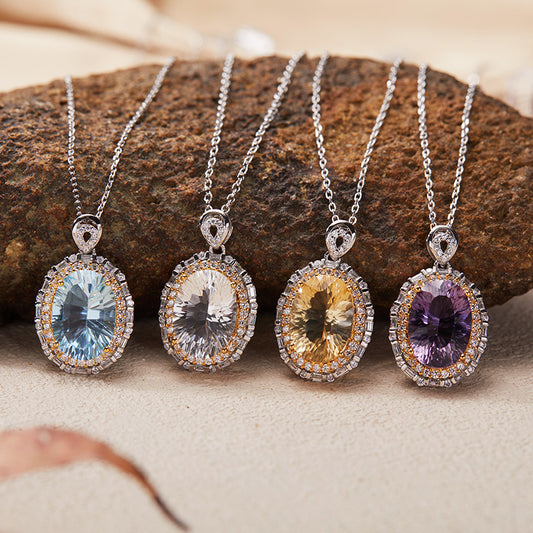 925 Silver Necklace - Citrine/Amethyst/Rock Crystal/Blue Topaz
