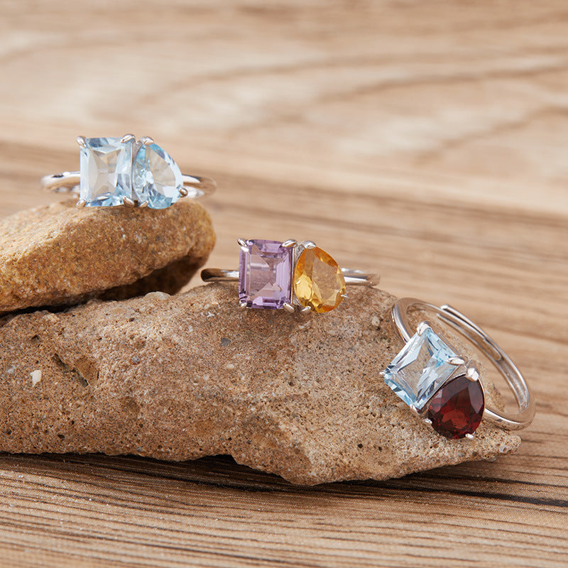 925 Silver The Two Gemstones Ring - Amethyst/Citrine/Garnet/Blue Topaz