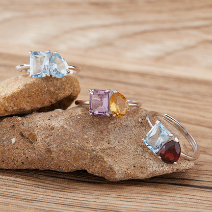 925 Silver The Two Gemstones Ring - Amethyst/Citrine/Garnet/Blue Topaz