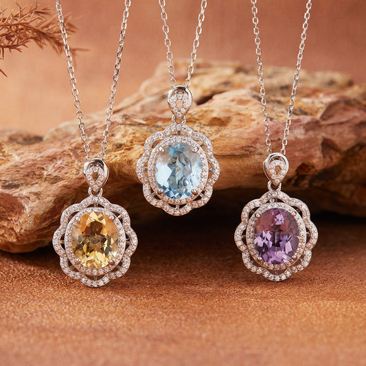 925 Silver Blossom Gem Pendant Necklace - Citrine/Amethyst/Topaz