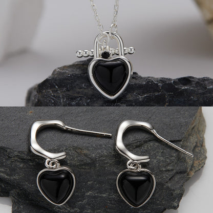 925 Silver Love T-lock Necklace & Earrings - Black Agate