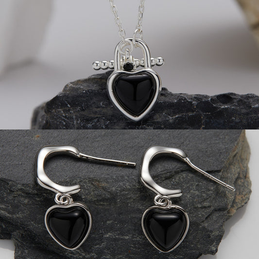 925 Silver Love T-lock Necklace & Earrings - Black Agate