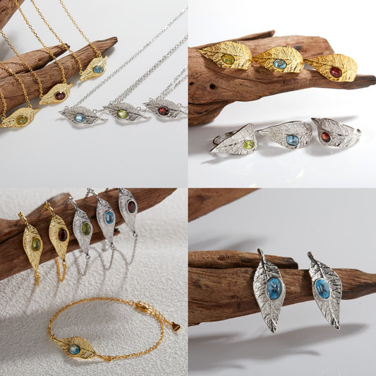 925 Silver Leaf Jewelry Set Necklace/Ring/Earrings/Bracelet - Garnet/Blue Topaz/Peridot